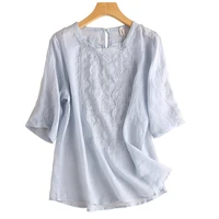 thin see though ropa de mujer verano blusa femenina ramie patchwork lace o neck plain women shirt and blouse summer
