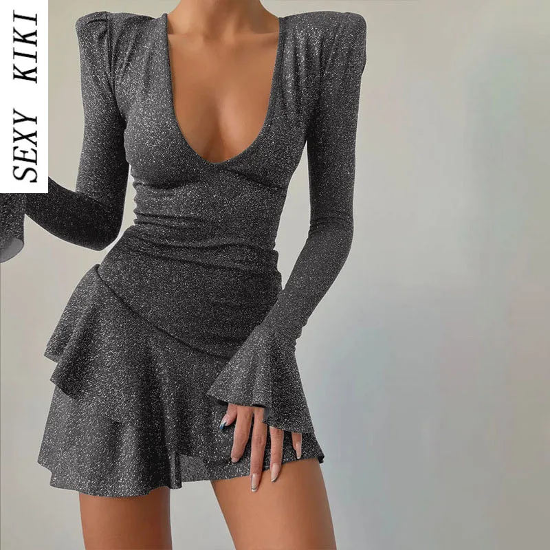 

2022 autumn new women's fashion temperament U-neck sexy low-cut trumpet sleeve ruffle dress