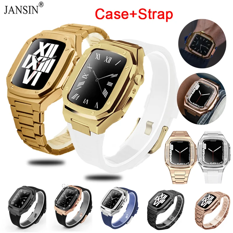 

Metal Case Strap Modification Kit For Apple Watch 41mm 44mm 45mm Rubber Correa+Stainless Steel Band for iWatch Series 7 SE 6 5 4