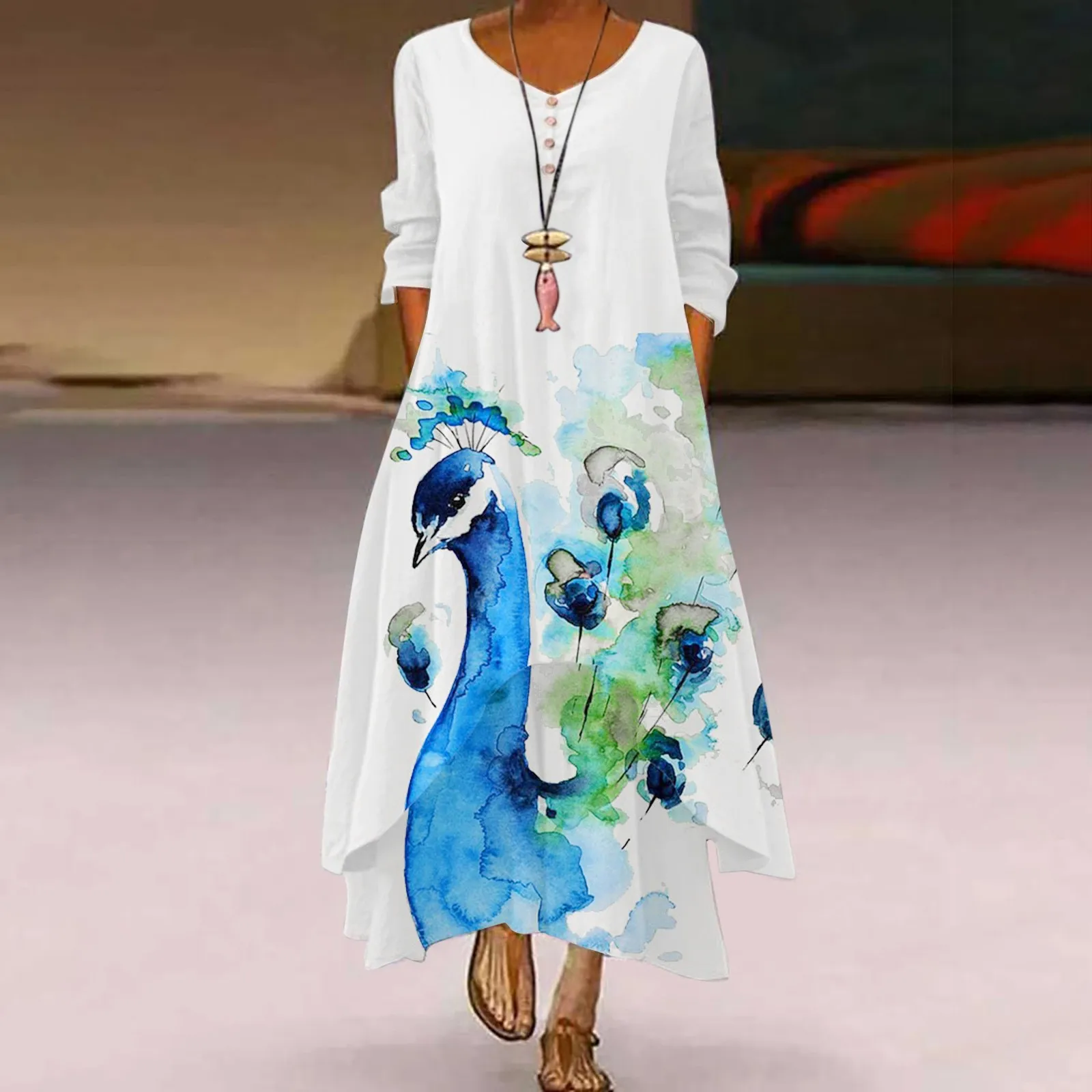 

Dresses 2022 Spring Autumn Casual Birds Printed Long Sleeve Button V Neck Loose Long Maxi Dress Vintage Runway Party Vestidos