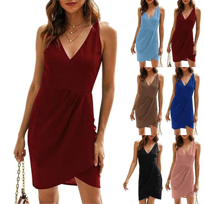 

Summer New Women Fashion Solid Color Party Dresses Slim Casual Sleeveless Deep V Neck Irregular Elegant OL Sexy Mini Dress 2022