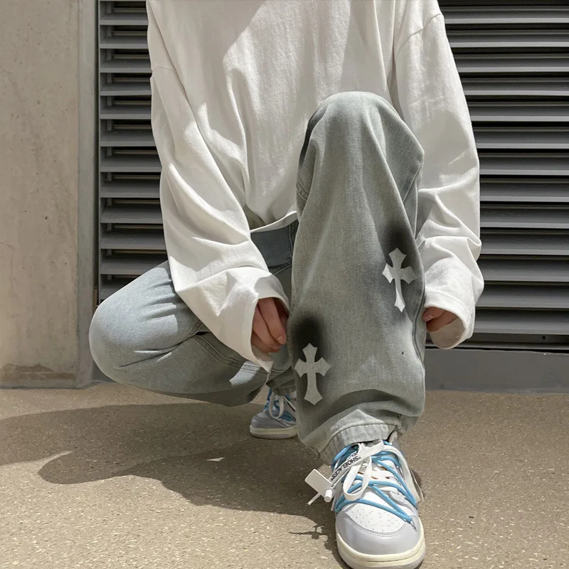 Streetwear Vintage Jeans Korean Style Jeans Men Loose Printed Straight Jeans Men Casual Button Mid Waist Wide-Leg Jeans Trousers