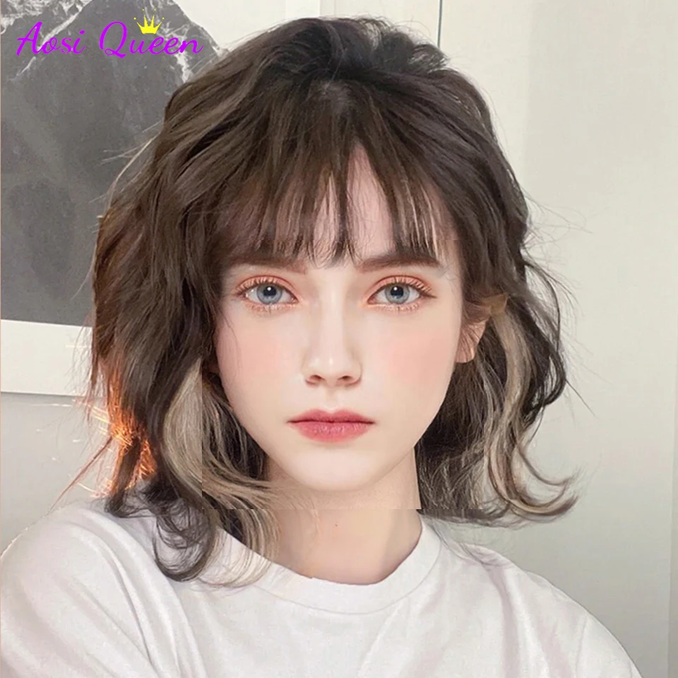 

AS Heat-resistant synthetic short hair, black brown highlighting white tea gray, cold brown cosplay wig for women