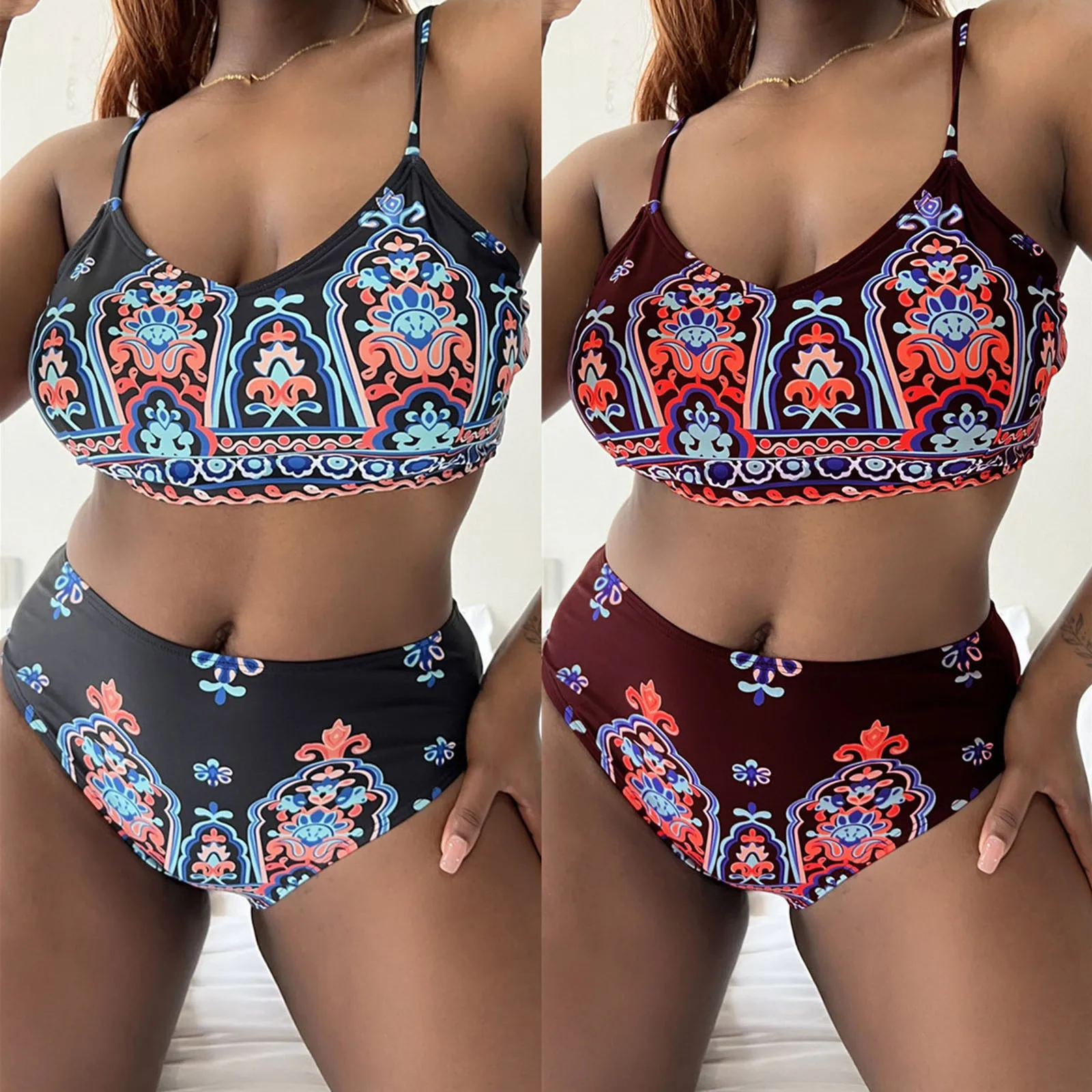 

Women's New Bikini Sexy Blue Print Tank Top High Waist Swimsuit Sexy 3 Piece Swimsuits for Women with Cover Ups