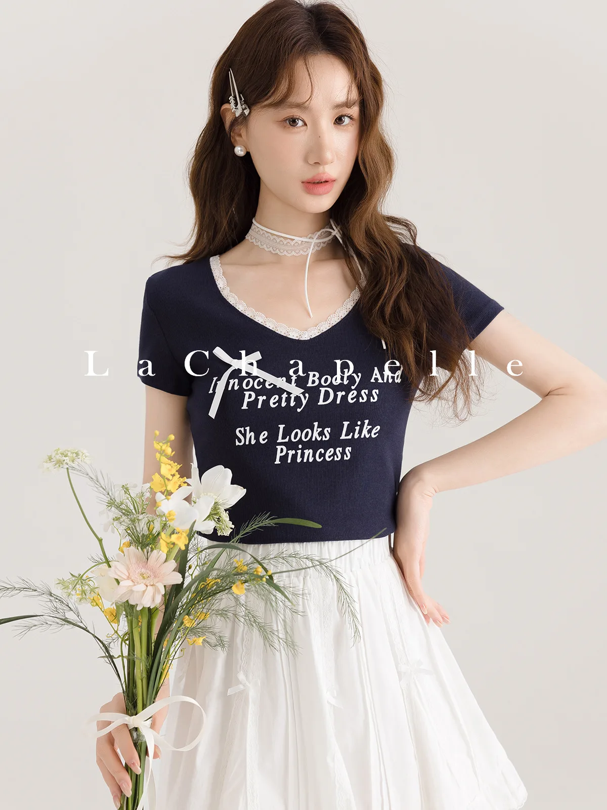 Женская Кружевная футболка с V-образным вырезом и коротким рукавом