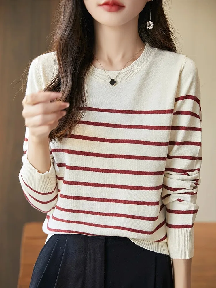 Полосатая вязаная нижняя рубашка для женщин новинка 2024 осенняя внутренняя