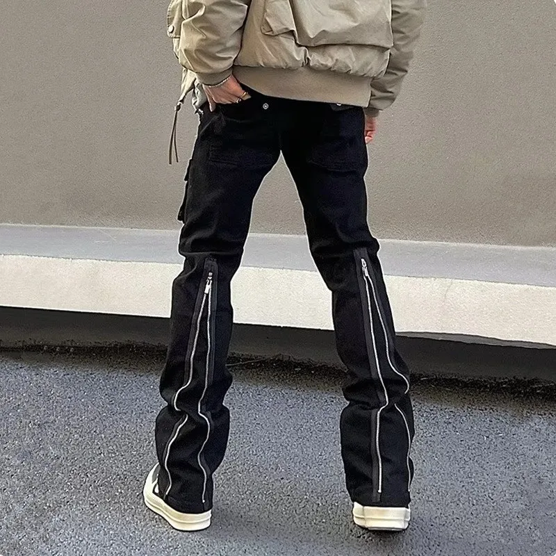 

2023 Y2K Fashion Zipper Black Flared Jeans Cargo Pants For Men Designer Clothes Straight Casual Long Trousers Vetements Homme