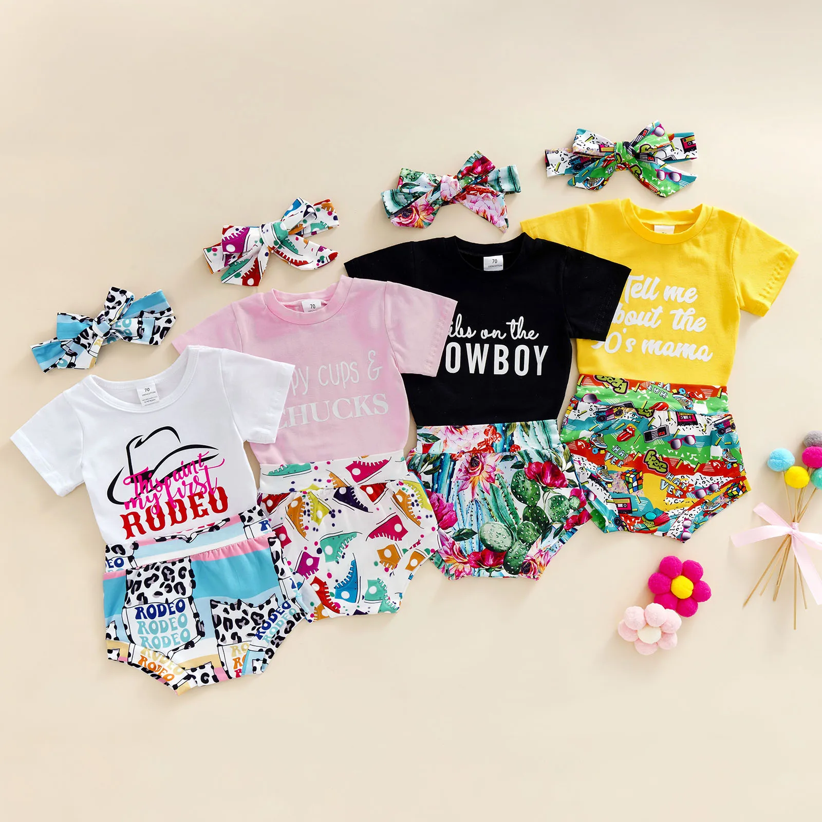 

Baby Toddler 3 Pcs Clothes Sets Letter Short Sleeve T-shirt Printed Shorts Headband Suits