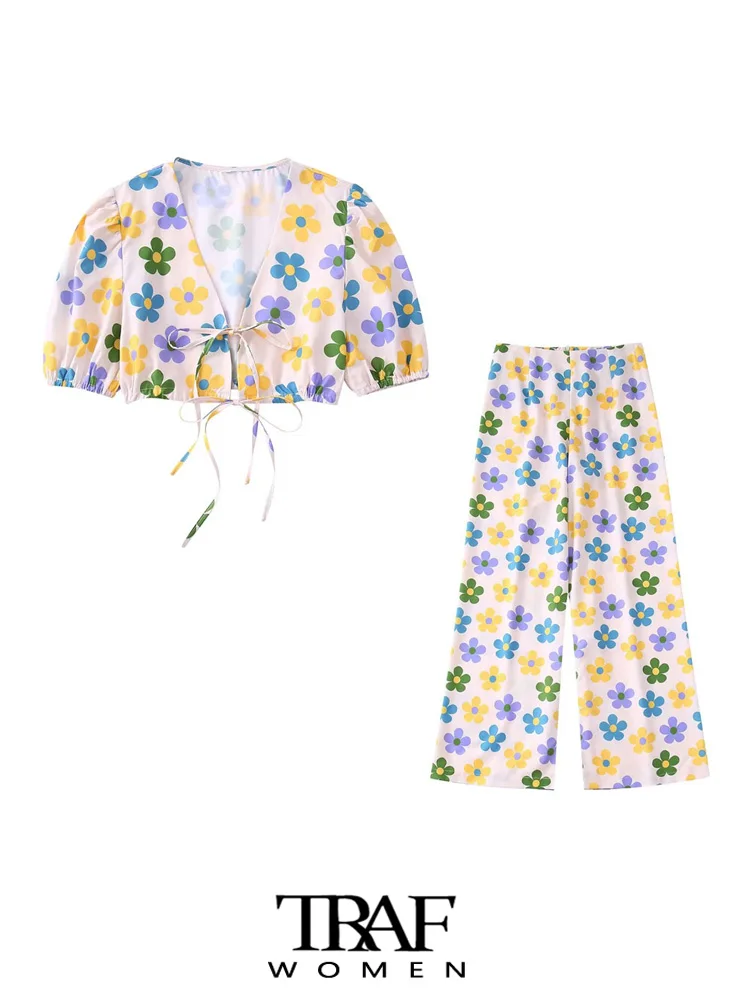 

TRAF Women Fashion With Tied Floral Print Cropped Blouses Vintage High Waist Back Zipper Ankle Trousers Female Suits Mujer