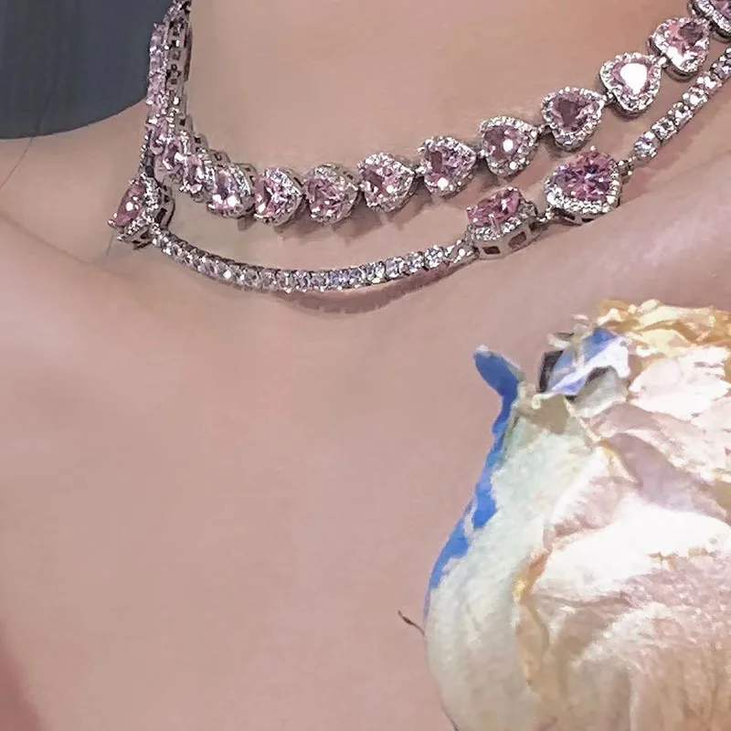 

Fashion Pink Heart-Shaped Necklaces Zircon Drop Pendant Long Chain Necklace Women Luxury Party Jewelry