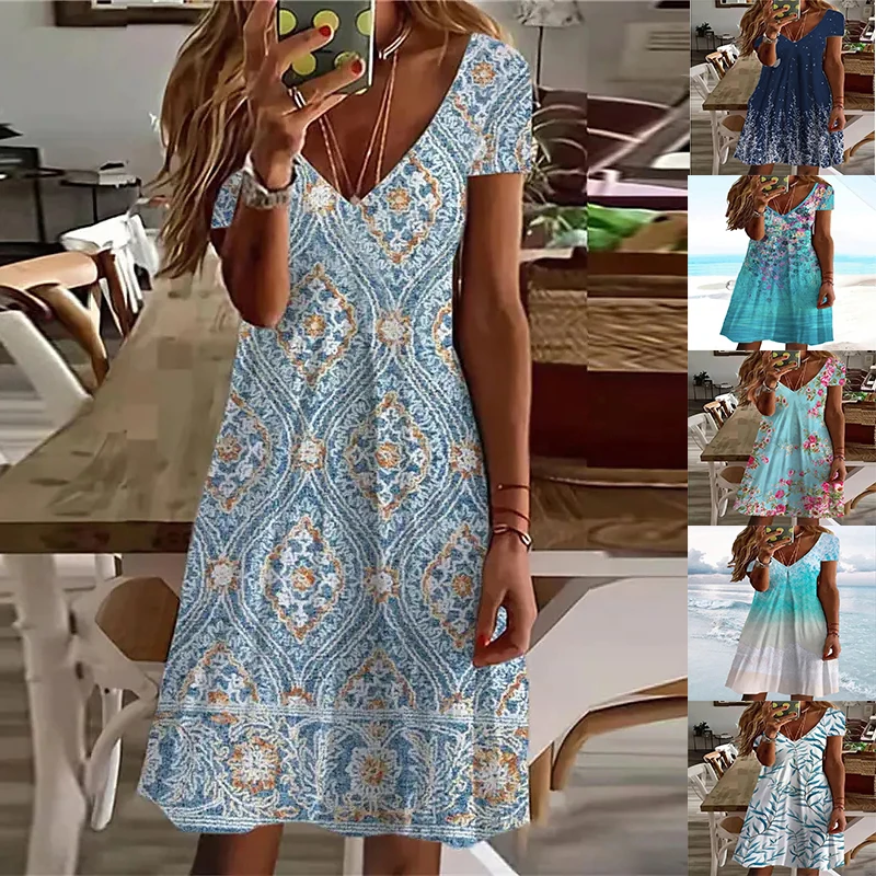 

New Design Abstract Print Summer Dress Women Elegant Short Sleeve V-Neck Fashion Knee-Length Dress Vestidos De Verano Mujer 2022