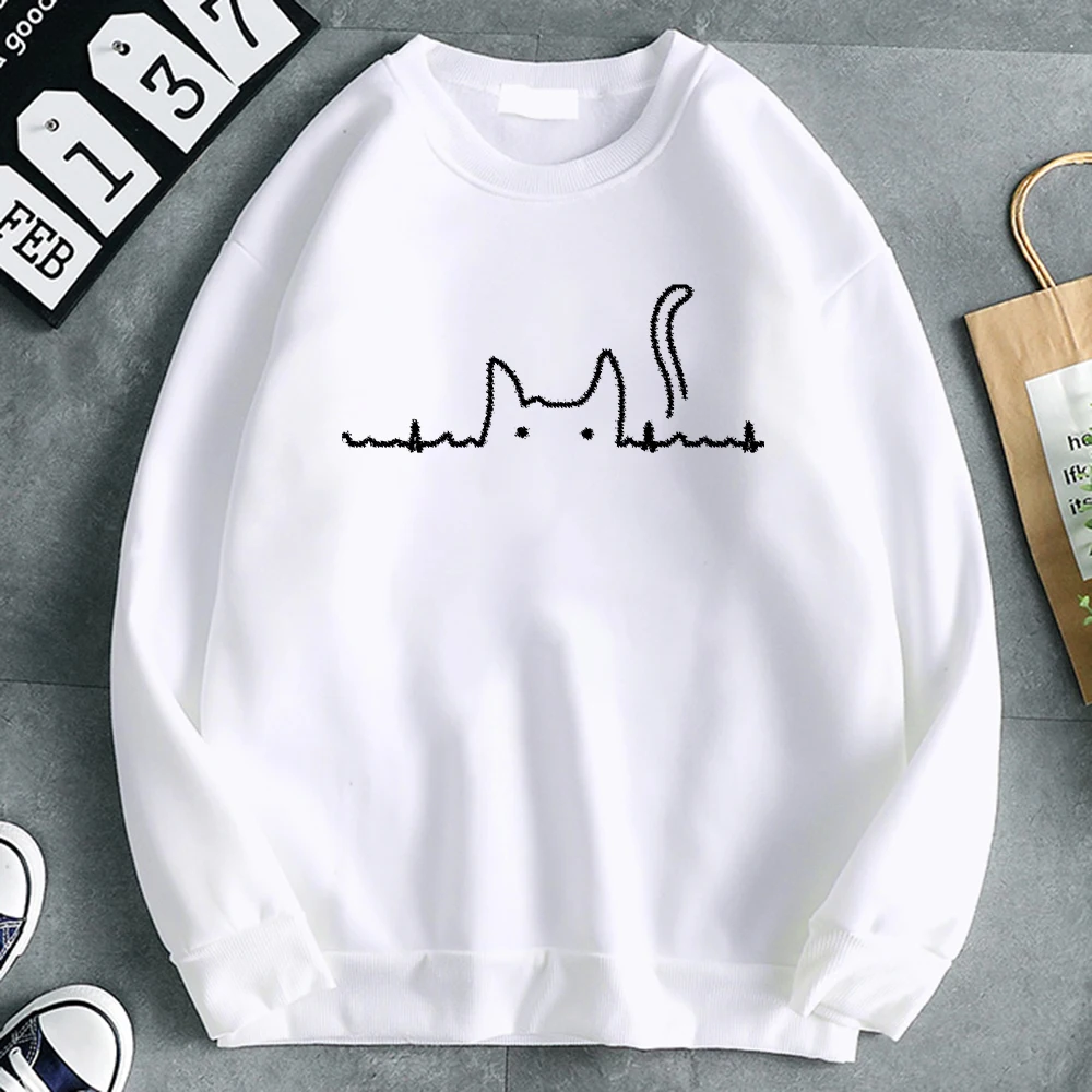 

Cat Tail Electrocardiogram Kawaii Men Clothing Fleece Loose Hoodie Autumn Oversize Clothes Crewneck Pullover Male Sweatshirt
