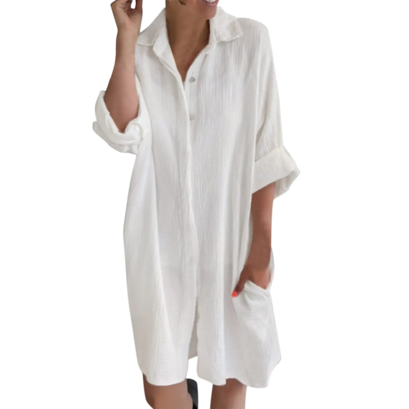 

Женское повседневное свободное однотонное длинное платье-рубашка из хлопка и льна с карманами