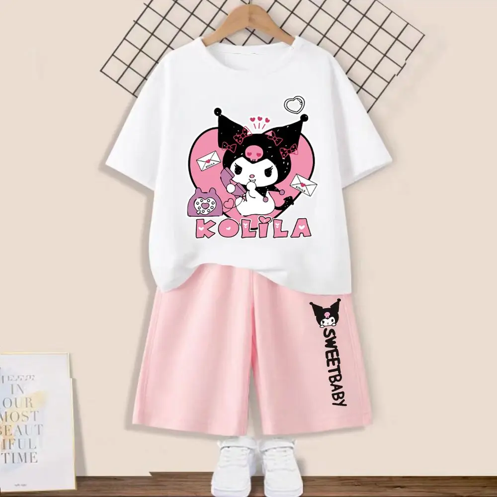 

Милый Летний повседневный костюм Hellokittyed для девочек кавайная Sanrio Cinnamoroll My Melody Kuromi мультяшная хлопковая футболка шорты одежда для отдыха