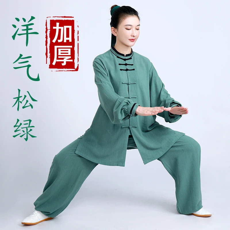 Autumn Winter Women Unisex Kungfu Tai Chi Martial Arts Uniforms Cotton Linen Loose Sweatshirt+pant Jogger Casual Meditation Set