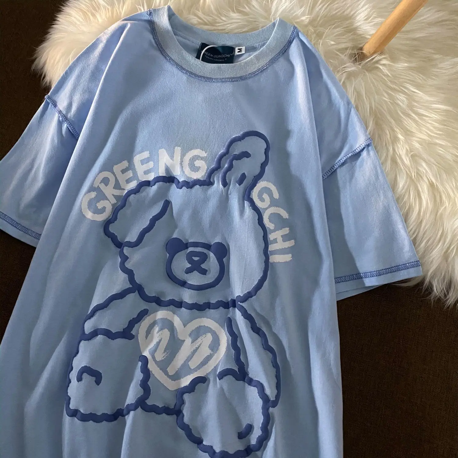

Printed Bear Short Sleeve Cartoon tshirts Anime Lazy Casual T-shirt Women Kawaii Clothes embroidery tshirts woman tops harajuku