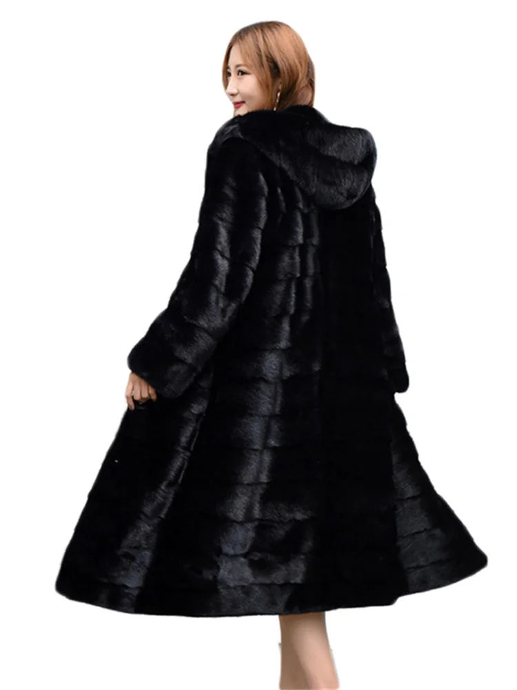 Faux Fur Coat Women Black S-6XL Long Slim 2022 Autumn Winter New Fashion Thick Warmth Hooded Imitation Mink Fur Jackets Feminina