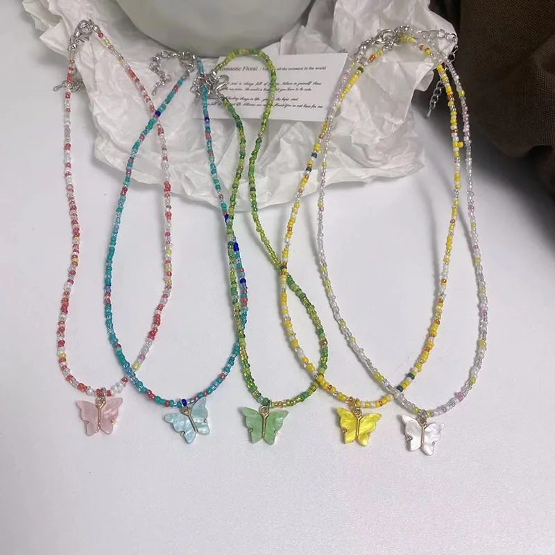 

Boho Colorful Seed Beads Necklace Women Cute Rainbow Butterfly Pendant Necklaces Jewelry Neck Chain Bohemian Beach Femme Collar