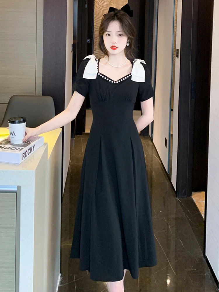 

Korean Women Dress Chic Temperament Vintage Sweet Black Sexy Square Collar Folds Slim Midi Party Beach Robe Femme Mujer Vestidos