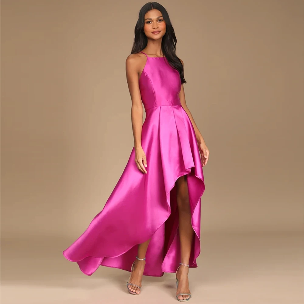 

EAEOVNI Rose Red Prom Dress A Line Spaghetti Straps Pockets Asymmetrical Prom Gown Simple Style Sleeveless Floor Length Gowns