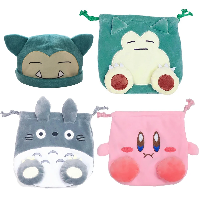 Gorro de felpa de Pokémon Snorlax, Anime, mi vecino, Totoro, bolsa de artículos diversos, monedero con cordón para niños, bolsa de almacenamiento para estudiantes