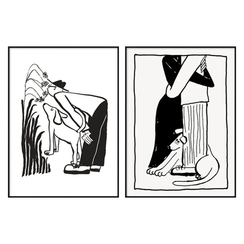 Современные комиксы кошка собака пара простые декоративные картины черно-белые