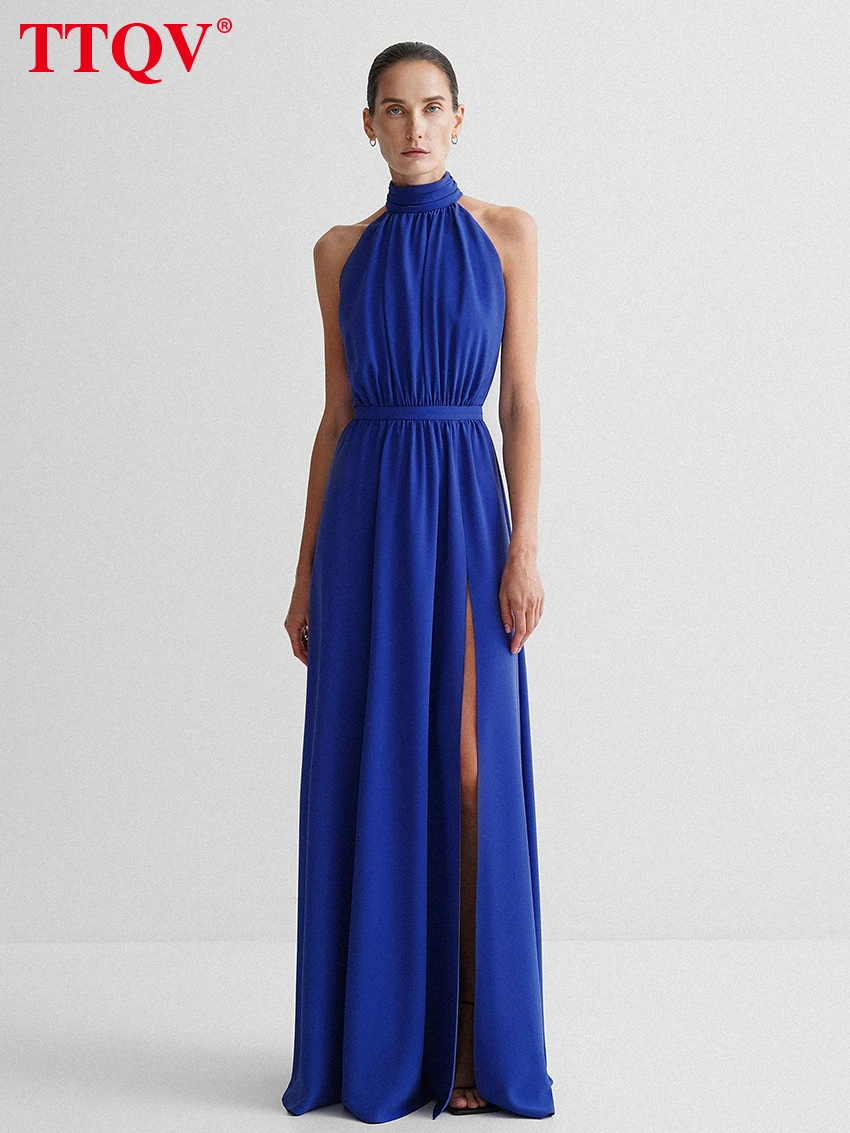 

TTQV Elegant Blue Halter Collar Dresses For Women 2023 Fashion Sleeveless High Waist Dresses Casual Side Slit Floor-length Dress