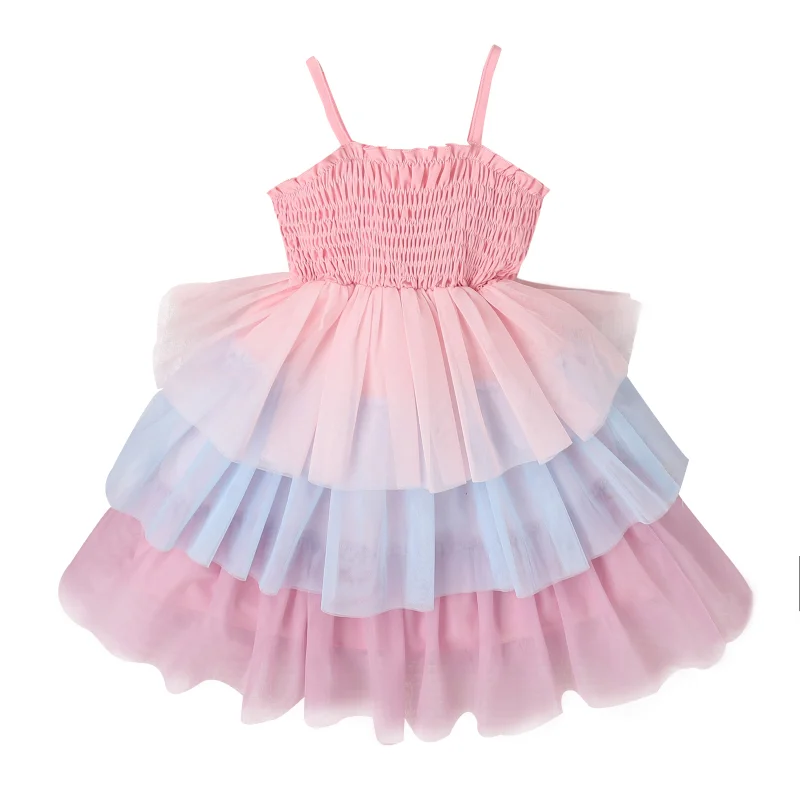 

Girls Rainbow Dress Spring and Summer Style Strap Wrapping Mesh Lovely Princess Cake Dress Tulle Frocks Princess Girl Costume