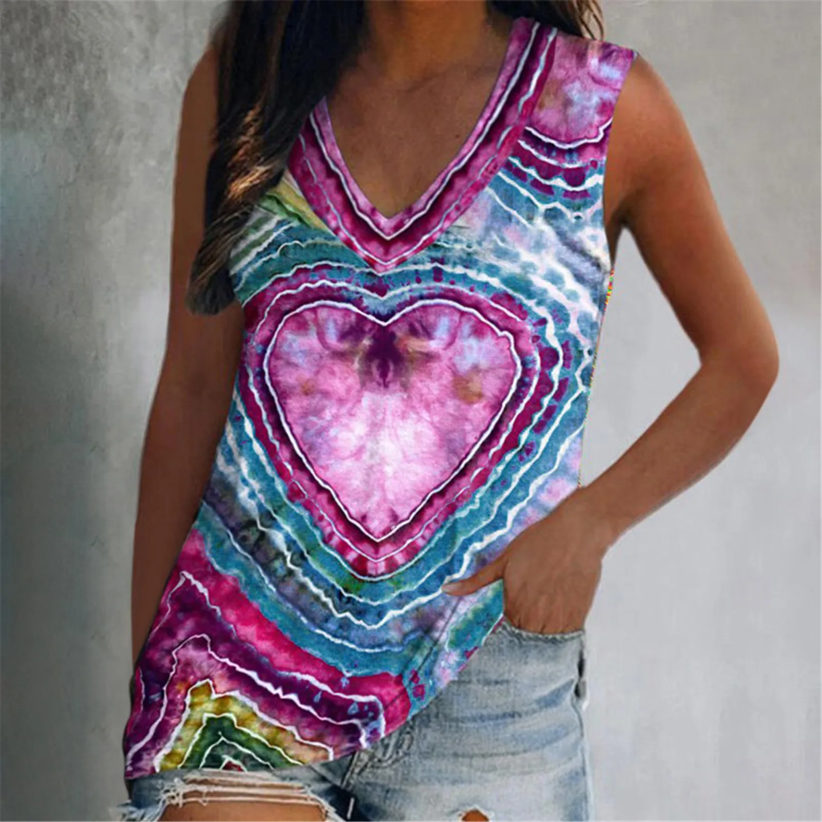 

Майка женская с V-образным вырезом, пикантная Повседневная Свободная рубашка без рукавов, с 3D-принтом сердец, уличная одежда, Y2k, на лето