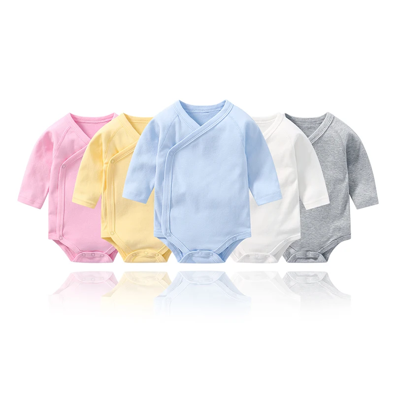 Newborn Baby Girls And Boys Onesie Long Sleeve Solid Color Triangle Climbing Suit Cotton Flaps Open Button Style