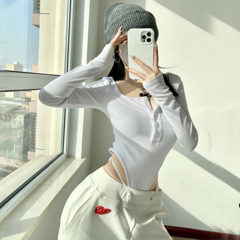 

Sexy Swwet Fashion Long Sleeve Tight Solid Color Tops Heart Sportswear Rompers Bodysuits Top Women Korean Hot DX7X