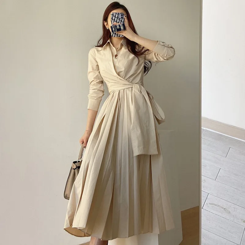 

Женское платье с отложным воротником evlook, корейское шикарное повседневное плиссированное платье с длинным рукавом и перекрестными лямками...
