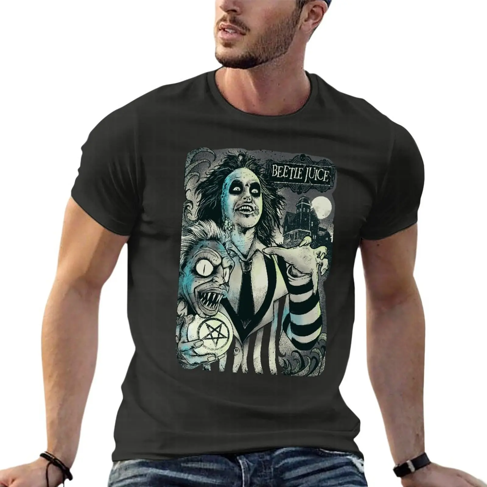 

Beetlejuice Tim Burton Horror Movie Oversized T-Shirts Printed Mens Clothes 100% Cotton Streetwear Large Size Top Tee