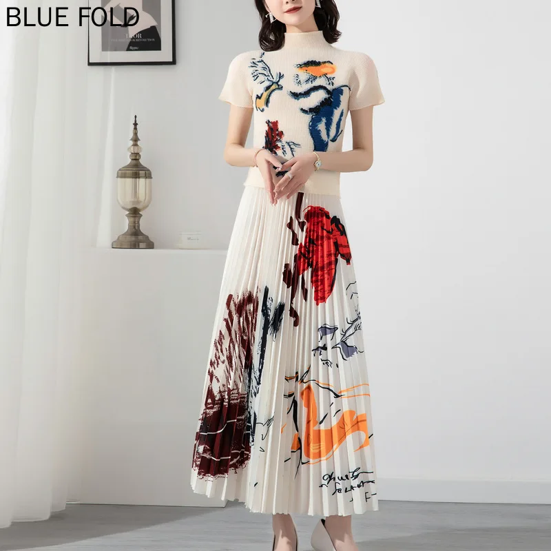 Miyake Pleated Fashion Suit Women's 2022 Spring and Summer New Corn Pleated Printed Top High Waist Large Swing Skirt Two-piece