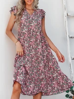 bohemian floral print short sleeve vintage dress for women casual v neck ruffles midi dress female holiday party dress 2022