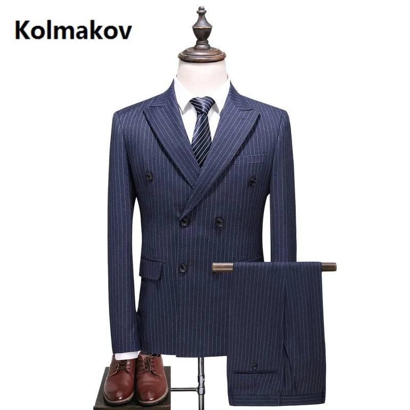 

Mens Double 2023 Breasted Suit Slim Fit Suit Men Luxury men's stripe Wedding Suits Formal Wear dress (Jacket+Vest+Pants)