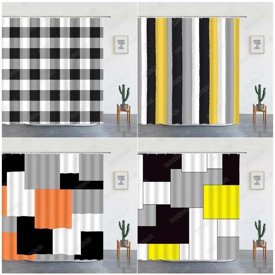 

Креативная занавеска для душа с геометрическим рисунком черная белая клетчатая полоса буйвола желтая оранжевая серая сращивающаяся Совре...