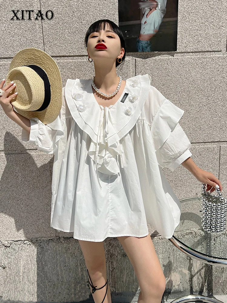 

XITAO Fashion Folds Bandage Patchwork Shirt Solid Color Simplicity Casual Loose V-neck Three-dimensional Decoration WMD6282