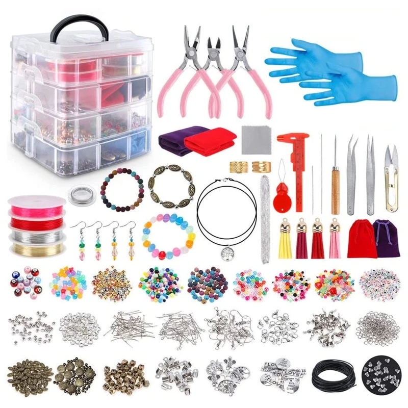 

2062Pcs Necklace Bracelet Earrings Jewelry Making Supplies Kit with Assorted Beads Charms Findings Wire Cord Pliers