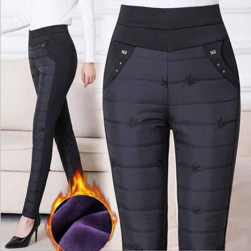 

Winter Embroidery Trousers Women Fashion Down Cotton Warm Velvet Pants Mom Snow Wear Thick Straight Pants Large Size Sweatpants