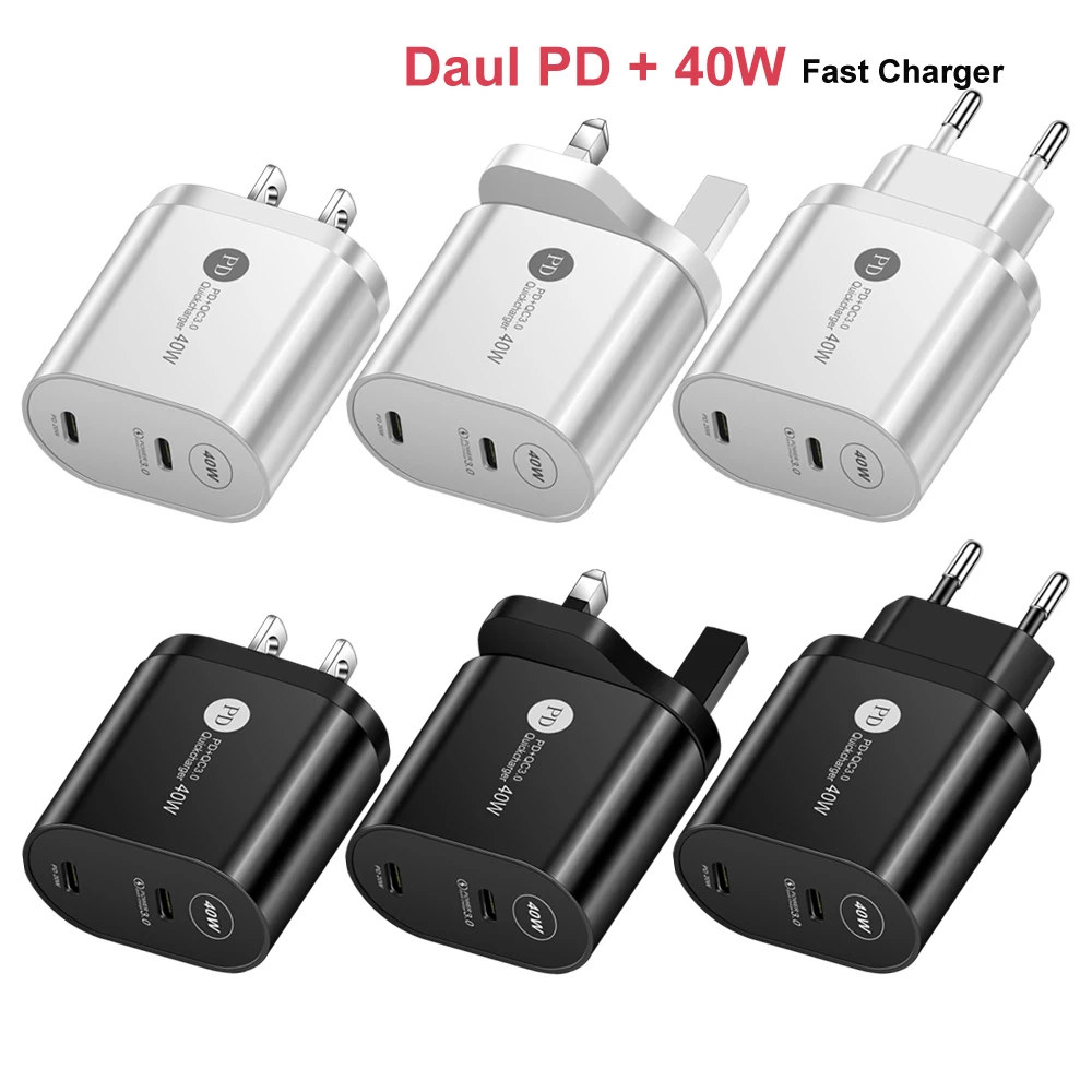 

Dual PD 40W USB C Charger QC 3.0 EU US UK Plug Fast Charger Type C Phone Charger For iPhone11 iPhone 12 Pro Max iPad Xiaomi