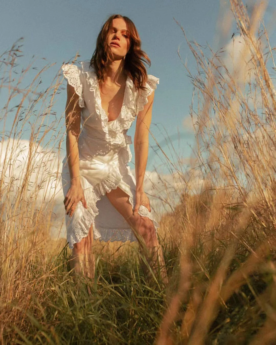 

Women Embroidered white Cotton Dress Ruffles V-Neck lace-up mini dress