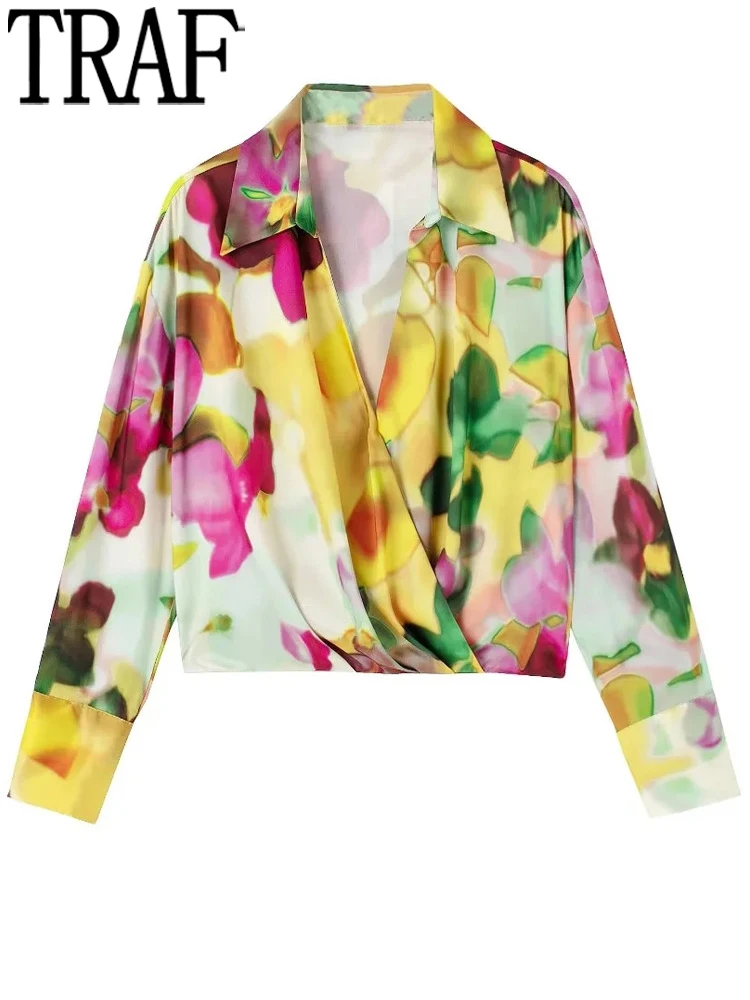 

TRAF 2022 Print Pleated Crop Top Women Wrap Satin Blouse Woman Long Sleeve Summer Top Female Collared Women's Cropped Blouse