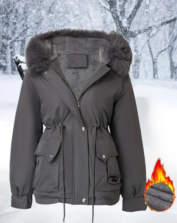Модная повседневная куртка с капюшоном и пушистой отделкой шерстяной подкладкой