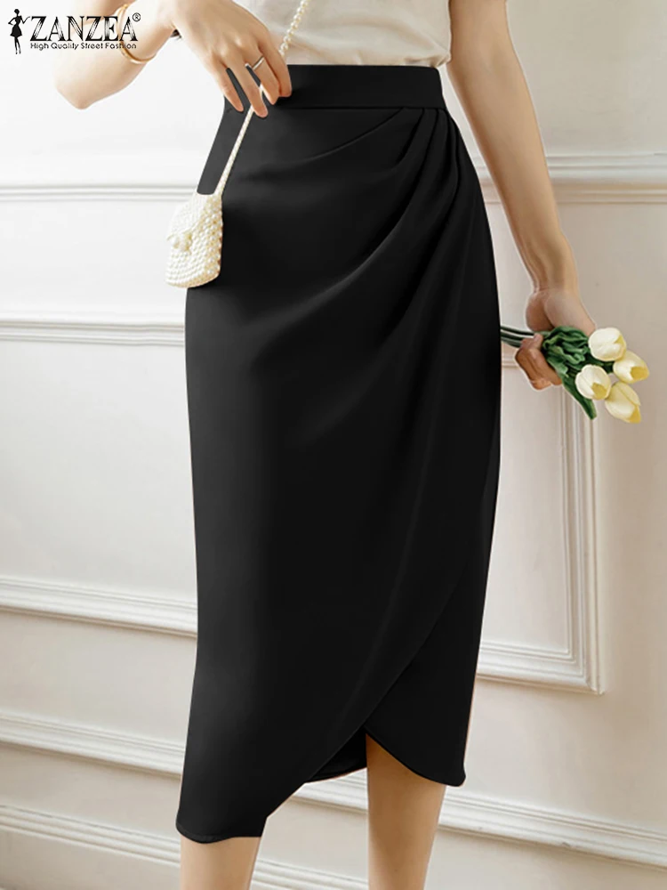 

ZANZEA 2023 Korean Fashion Draped Skirts Women Solid Color Jupes Elegant High Waist Midi Faldas Office Asymmetrical Pencil Skirt