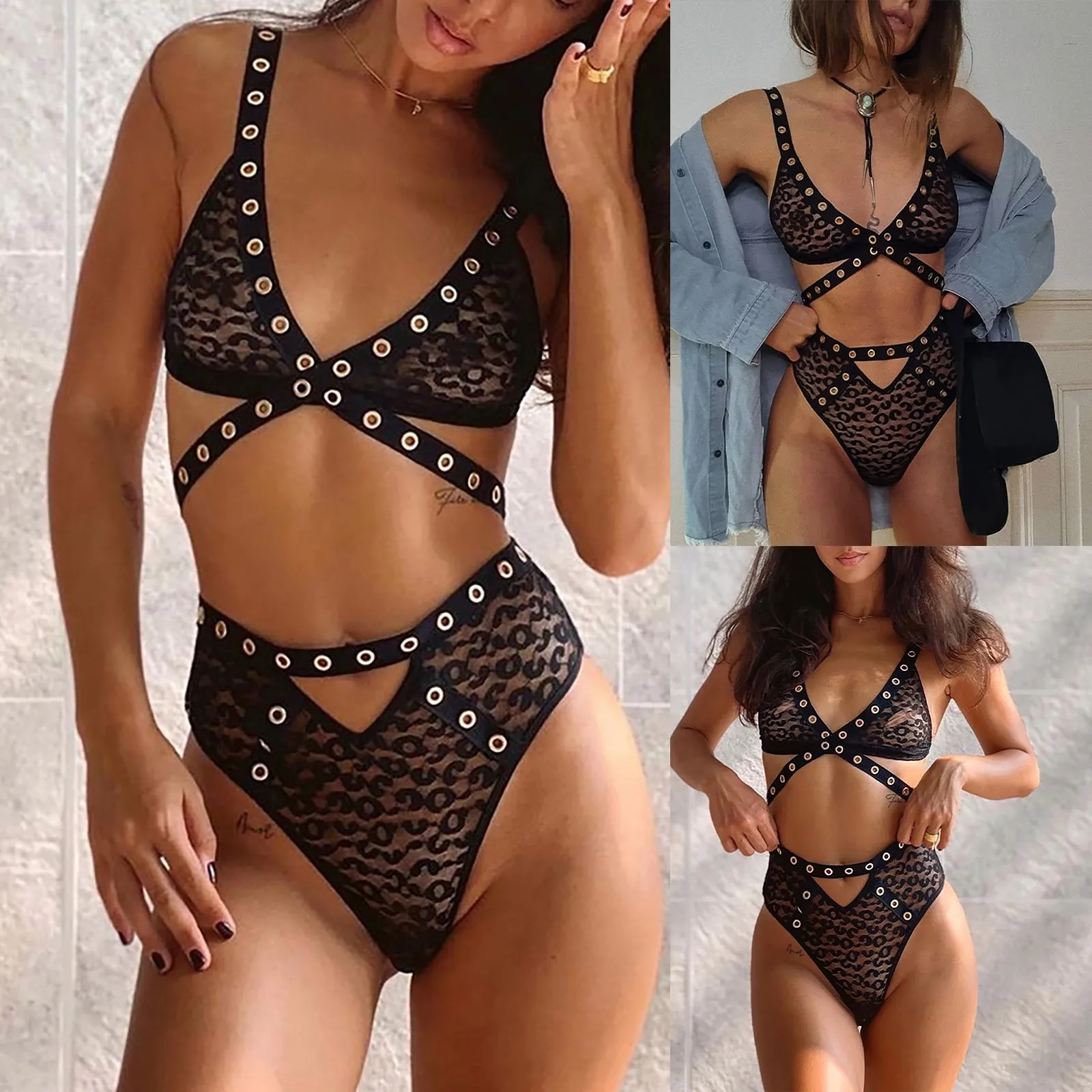 Женский сексуальный черный сетчатый прозрачный костюм с леопардовым принтом