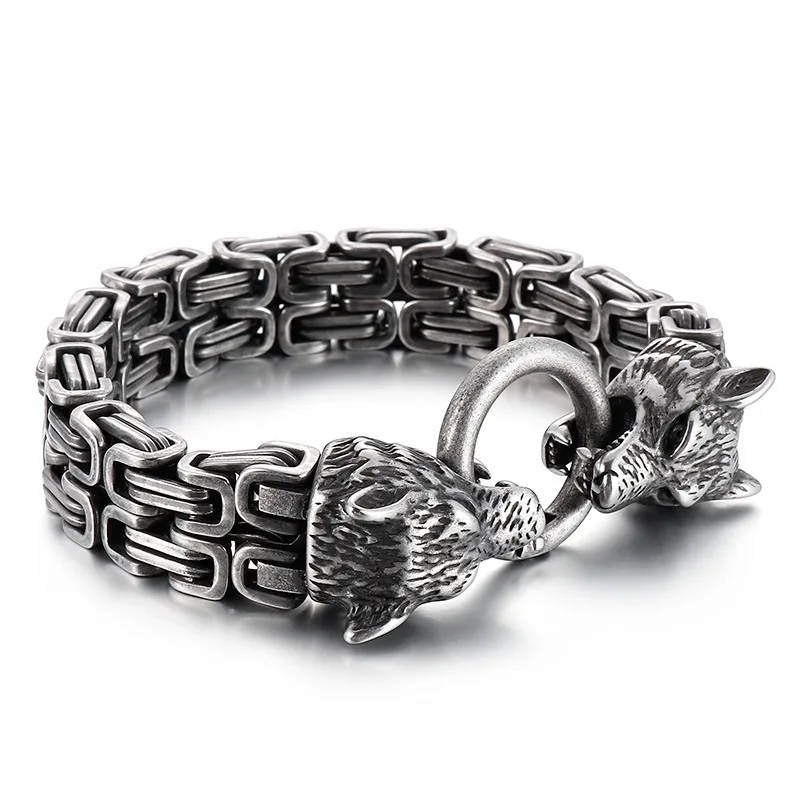 

Punk Vintage Stainless Steel Bike Viking Wolf Head Bracelet Men Dounle Layer Box Link Chain Charm Wristband Bracelets Jewellery