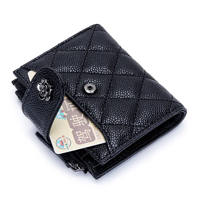 Short Wallet Women Caviar Leather Purse Mini Quilting Design Small Card Holder Female Zipper Coin Pocket Hasp Bifold Wallets