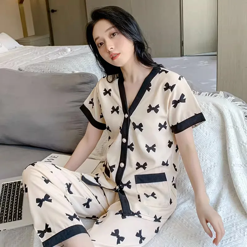 

New Summer Pajamas Women's Sweet Cartoon Large Fat mm Stripped Elastic Short Sleeve Women's Home Furnishings Can Be Outworn