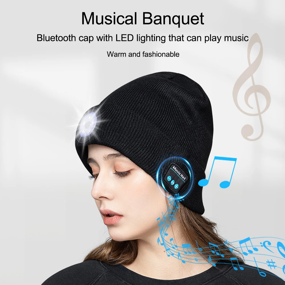 

Bluetooth Beanie Lamp Cap With USB Cable For Fishing Jogging Work Outdoor Thermal Rechargeable Wireless Earphones